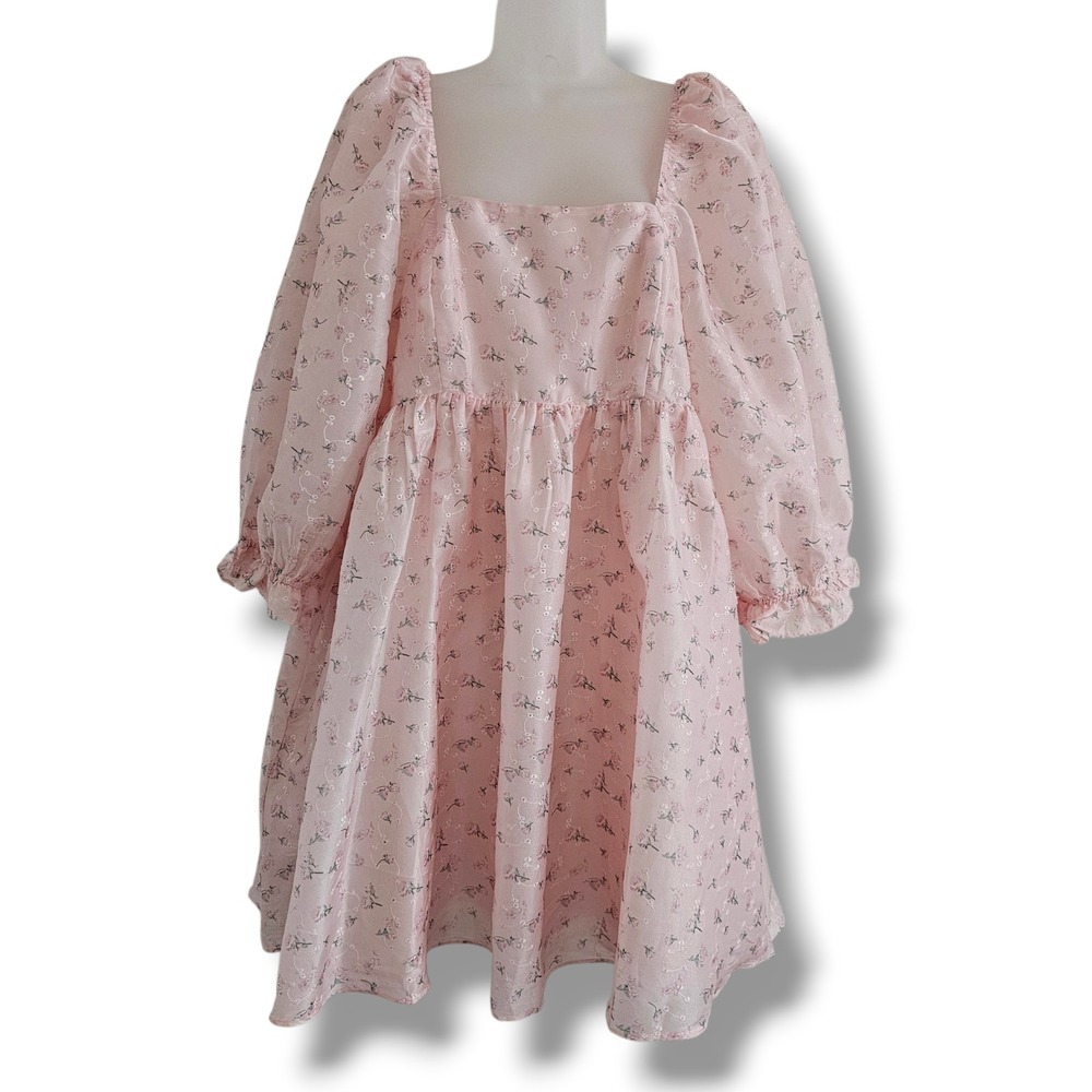Arula Mini Babydoll Dress X Pink Floral Puff Sleeve Fairy Coquette Doll Princess